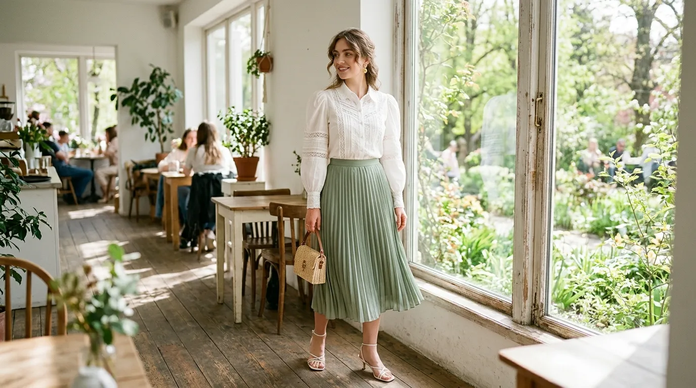 Puff Sleeve Blouse with a Pleated Midi Skirt