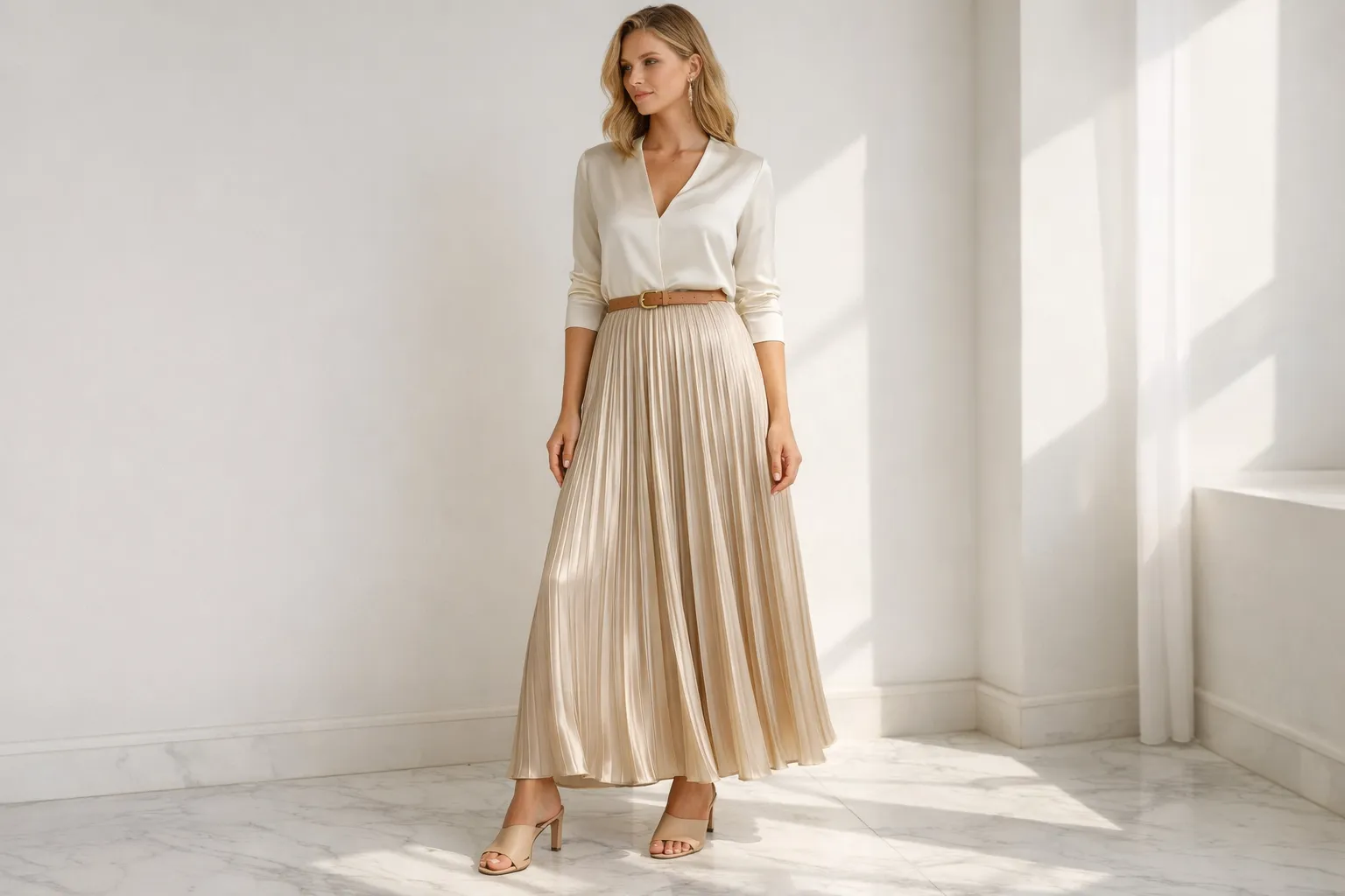 Satin Plisse Skirt With a Chic Belt and Heeled Mules