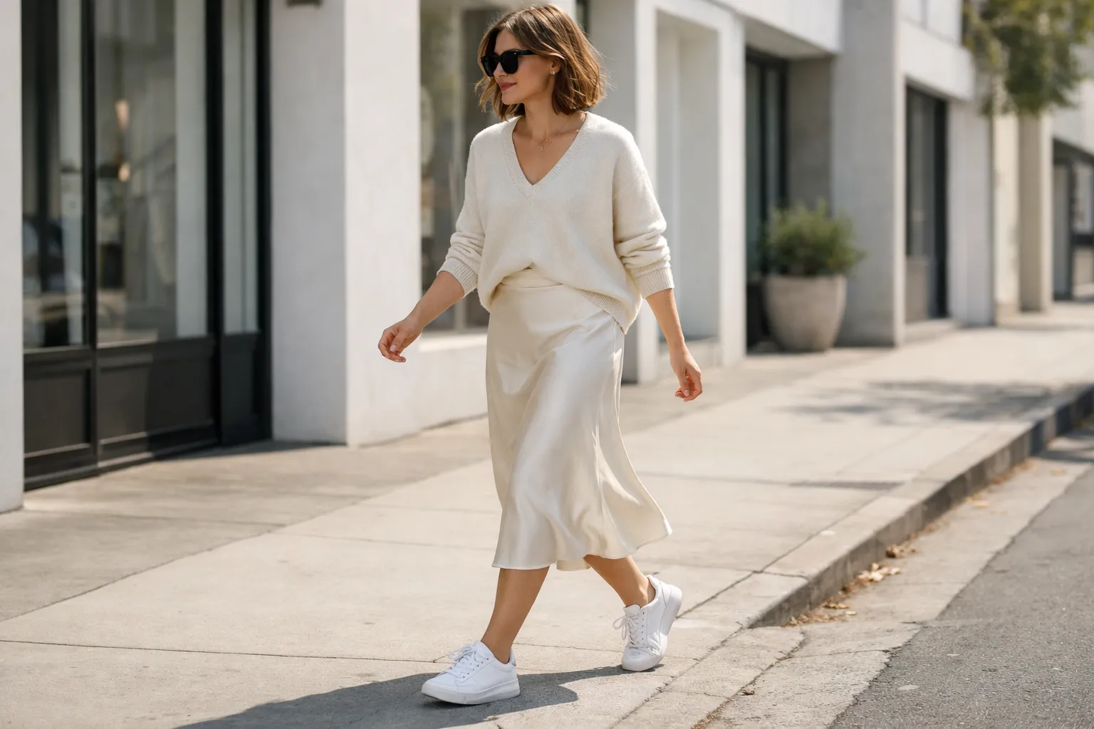 Satin Skirt With Sneakers for the Ultimate High Low Look
