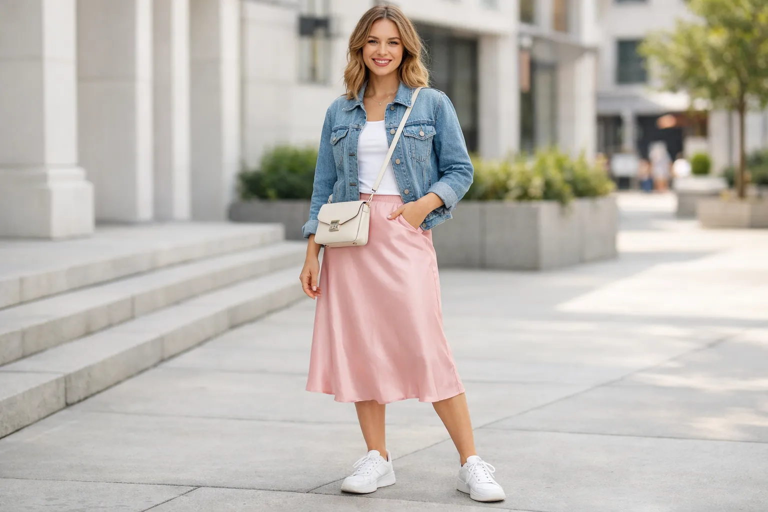 Satin Skirt With a Denim Jacket for a Smart Casual Balance