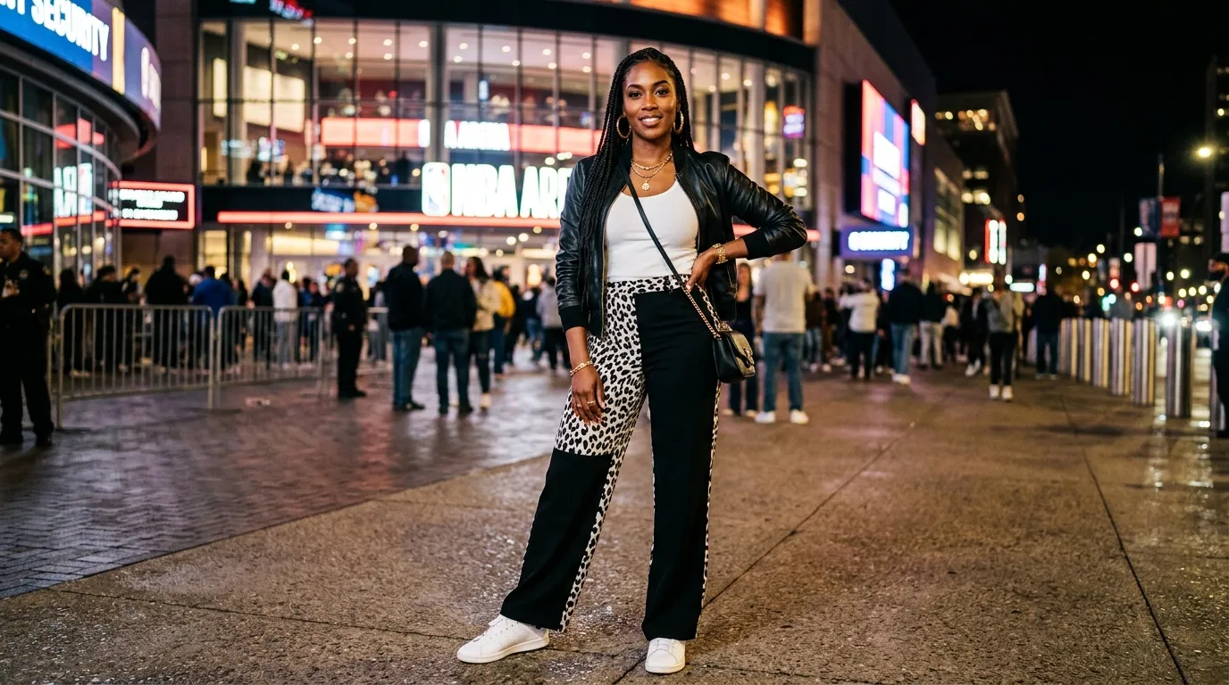 Streetwear Chic Printed Pants and a Leather Bomber