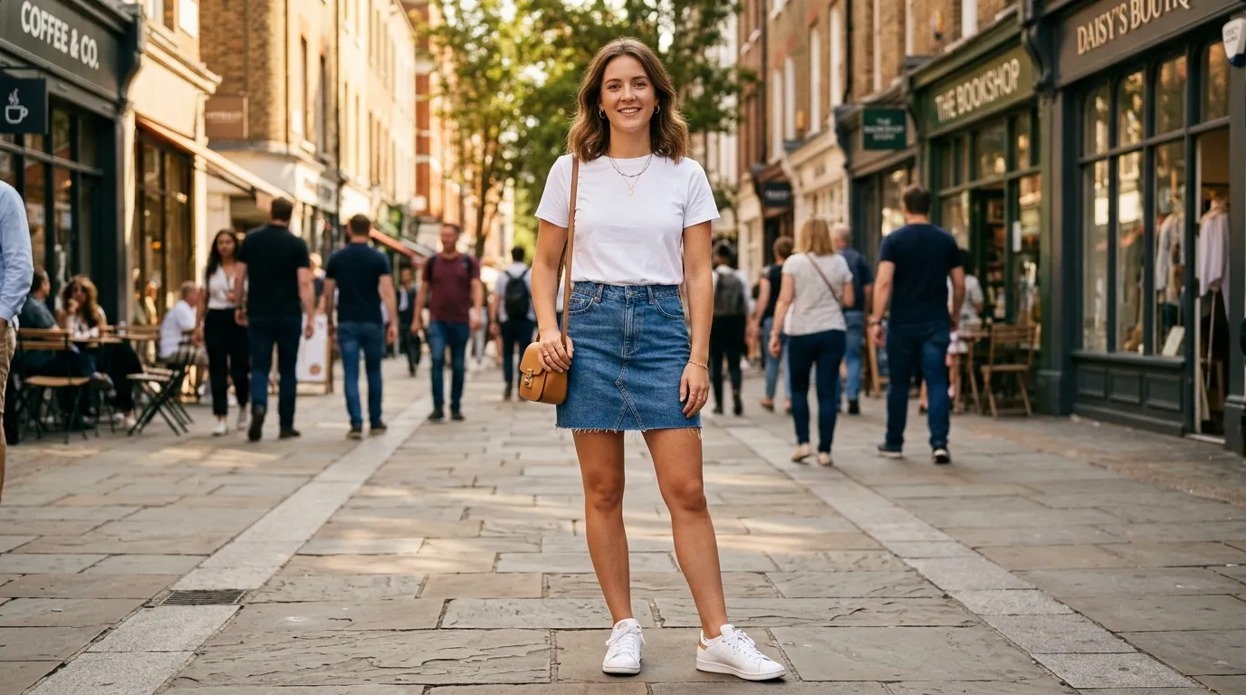 The Classic Mini Jean Skirt with a Crisp White Tee