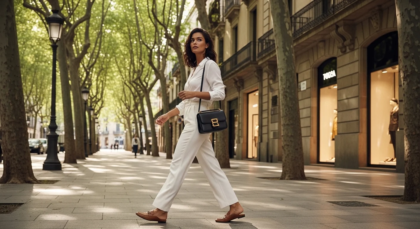  A stylish woman in a silk blend blouse tucked into wide leg trousers with leather loafers on a Barcelona shopping street