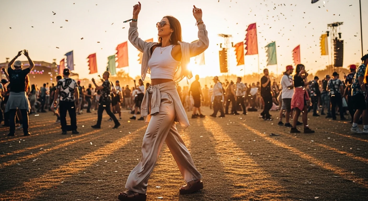  A young woman in a tank top silk pants and platform sandals at an outdoor Spain music festival in summer
