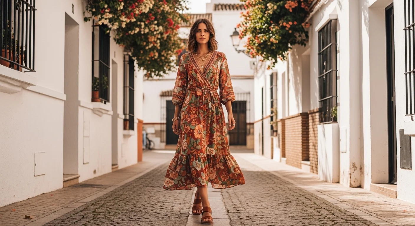 A woman in a bold floral midi dress with block heeled sandals and gold jewelry exploring the streets of Seville