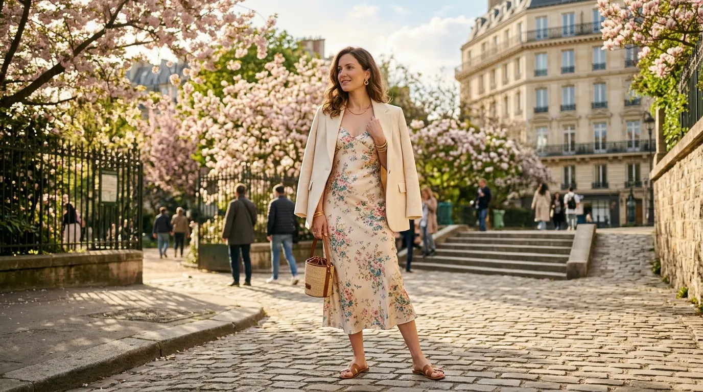The Floral Slip Dress With a Blazer Thrown Over the Shoulders