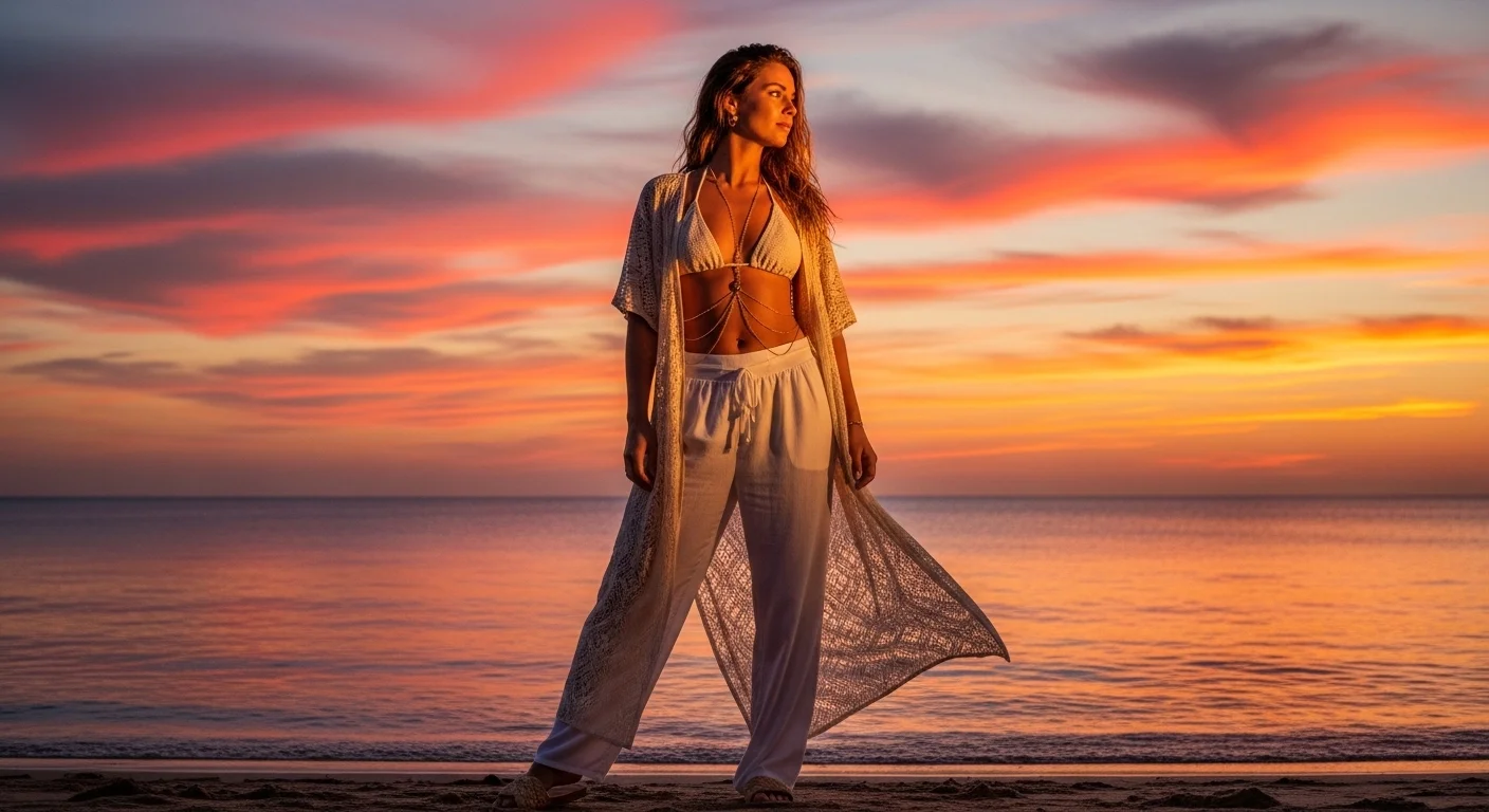 A woman in a crochet cover up dress with gold body jewelry and loose linen pants on the beaches of Ibiza