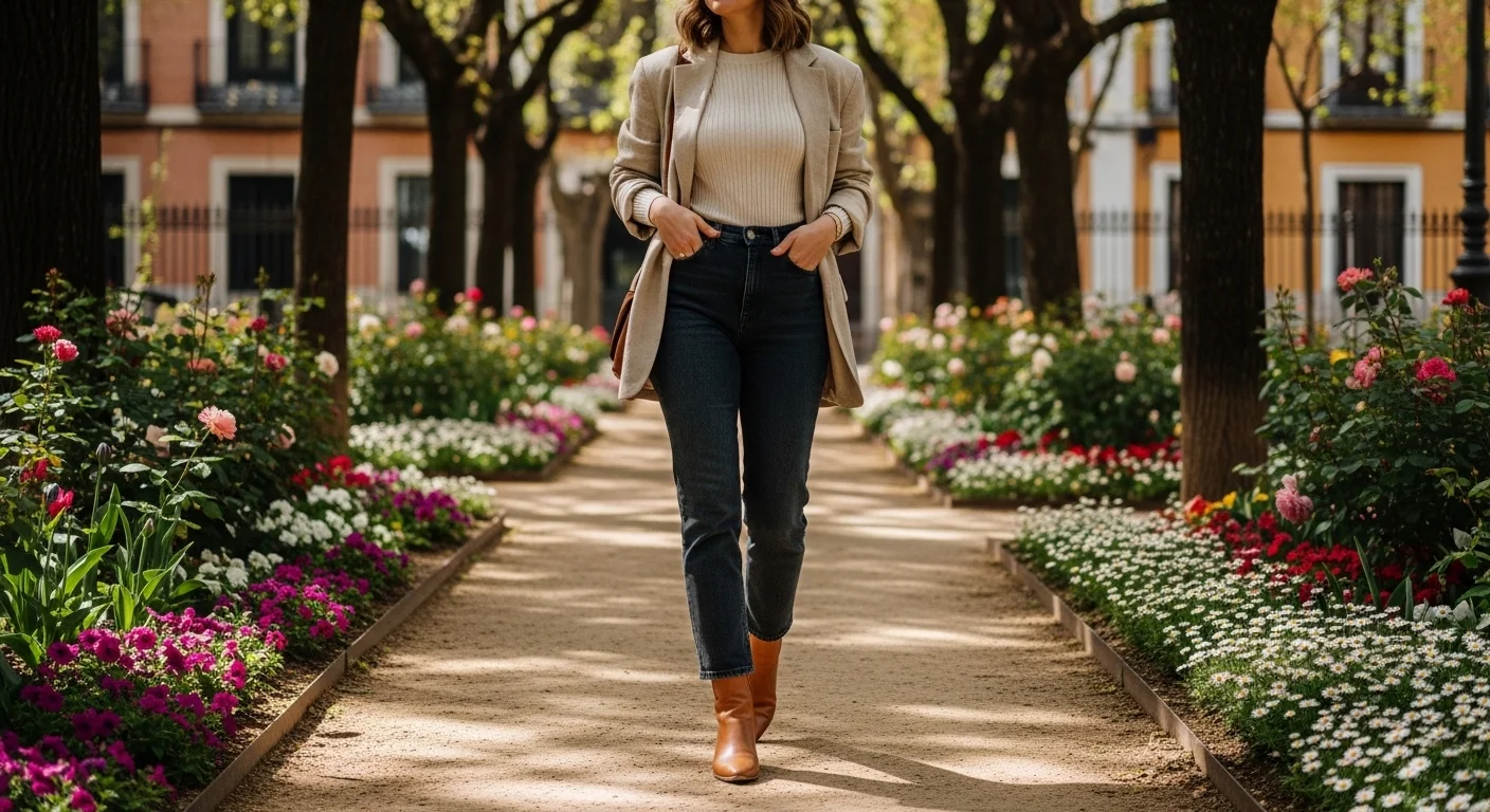  A woman in a ribbed top layered under a linen blazer with straight leg jeans and ankle boots in spring in Spain