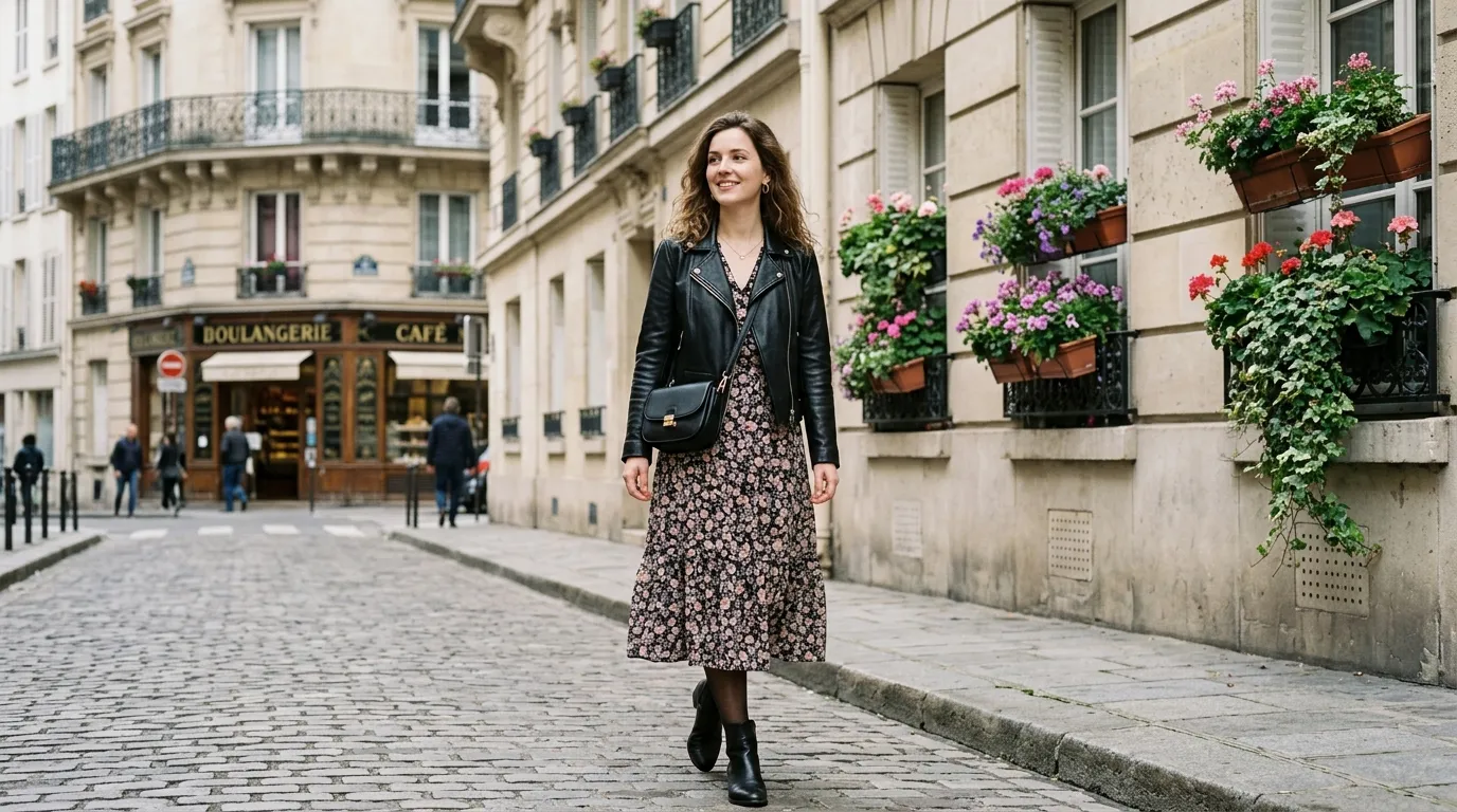 The Leather Jacket Over a Feminine Dress