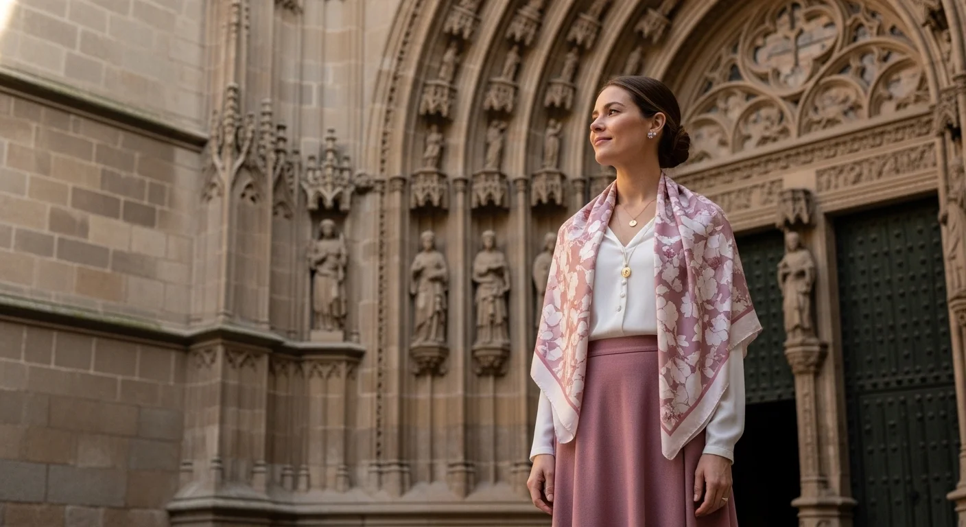  A woman in a tailored midi skirt and lightweight blouse with a scarf over her shoulders at a Spanish cathedral