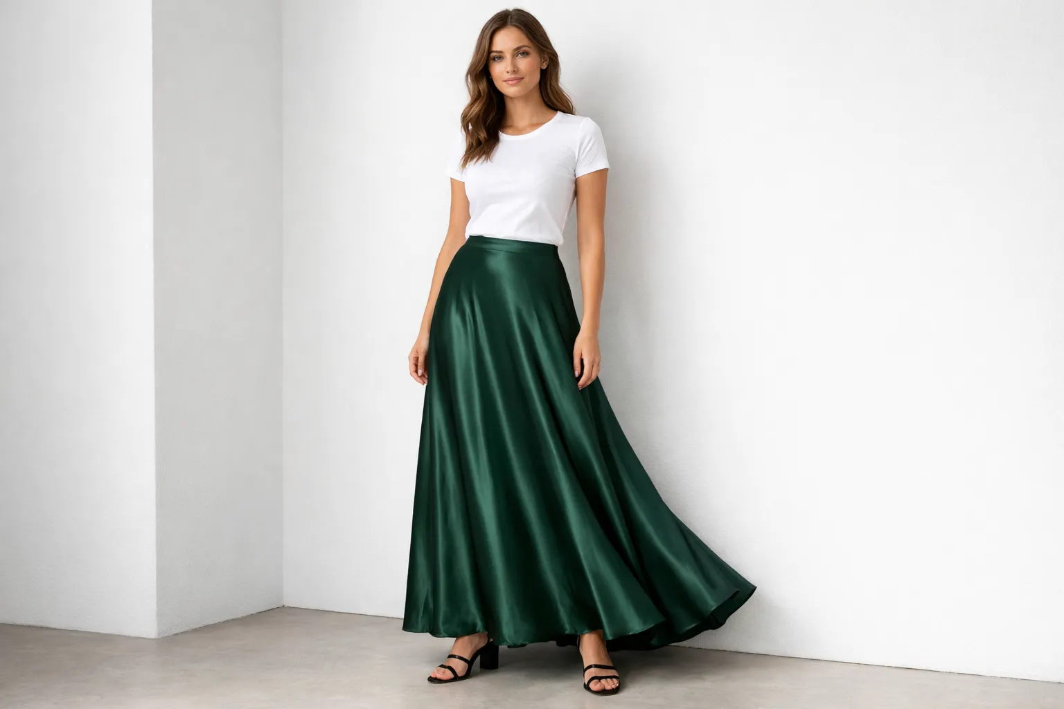 The Satin Maxi Skirt With a Simple Tee and Block Heels