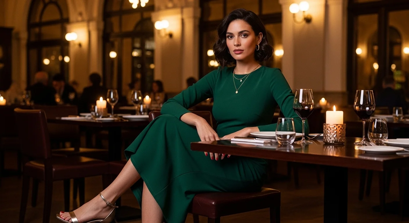  A woman in a jewel tone fitted midi dress with kitten heels at a sophisticated Madrid restaurant at night