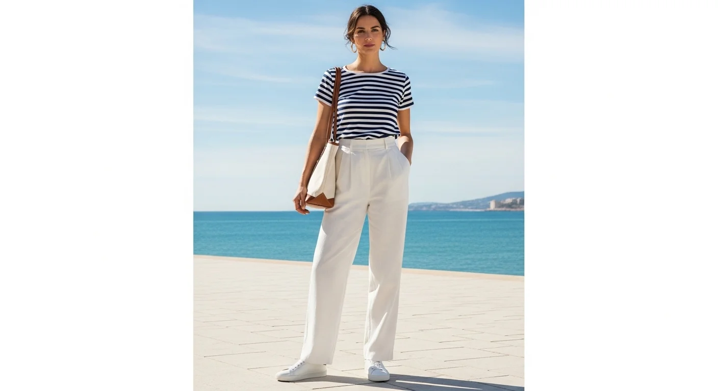 A woman in a navy white striped mariniere tucked into wide leg cream trousers with white sneakers in coastal Spain