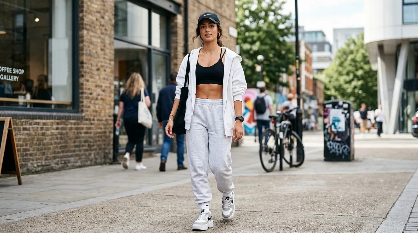 The Sporty Look Grey Sweatpants with a Sports Bra and Oversized Zip Up