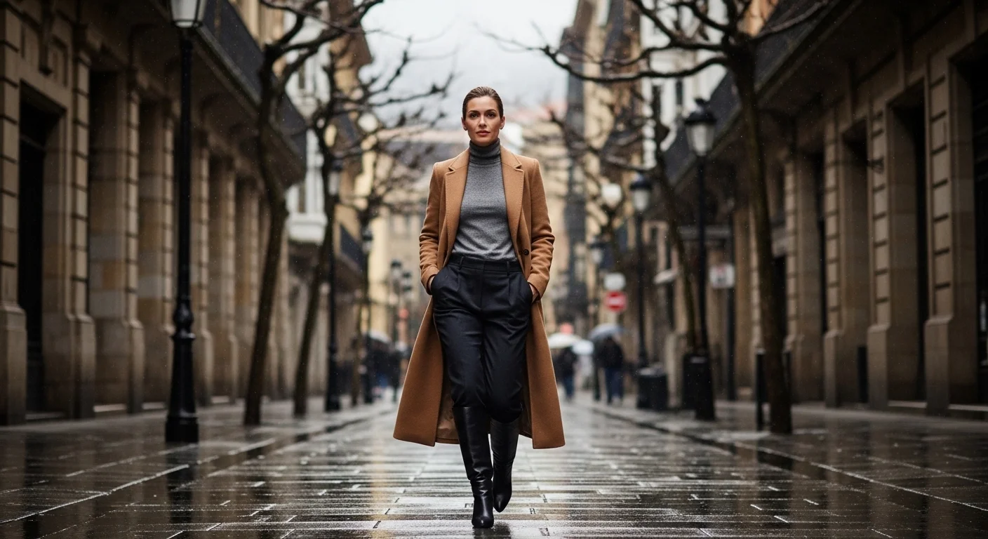 A woman in a camel wool coat over a turtleneck with tailored trousers and leather boots on a cold winter street in northern Spain