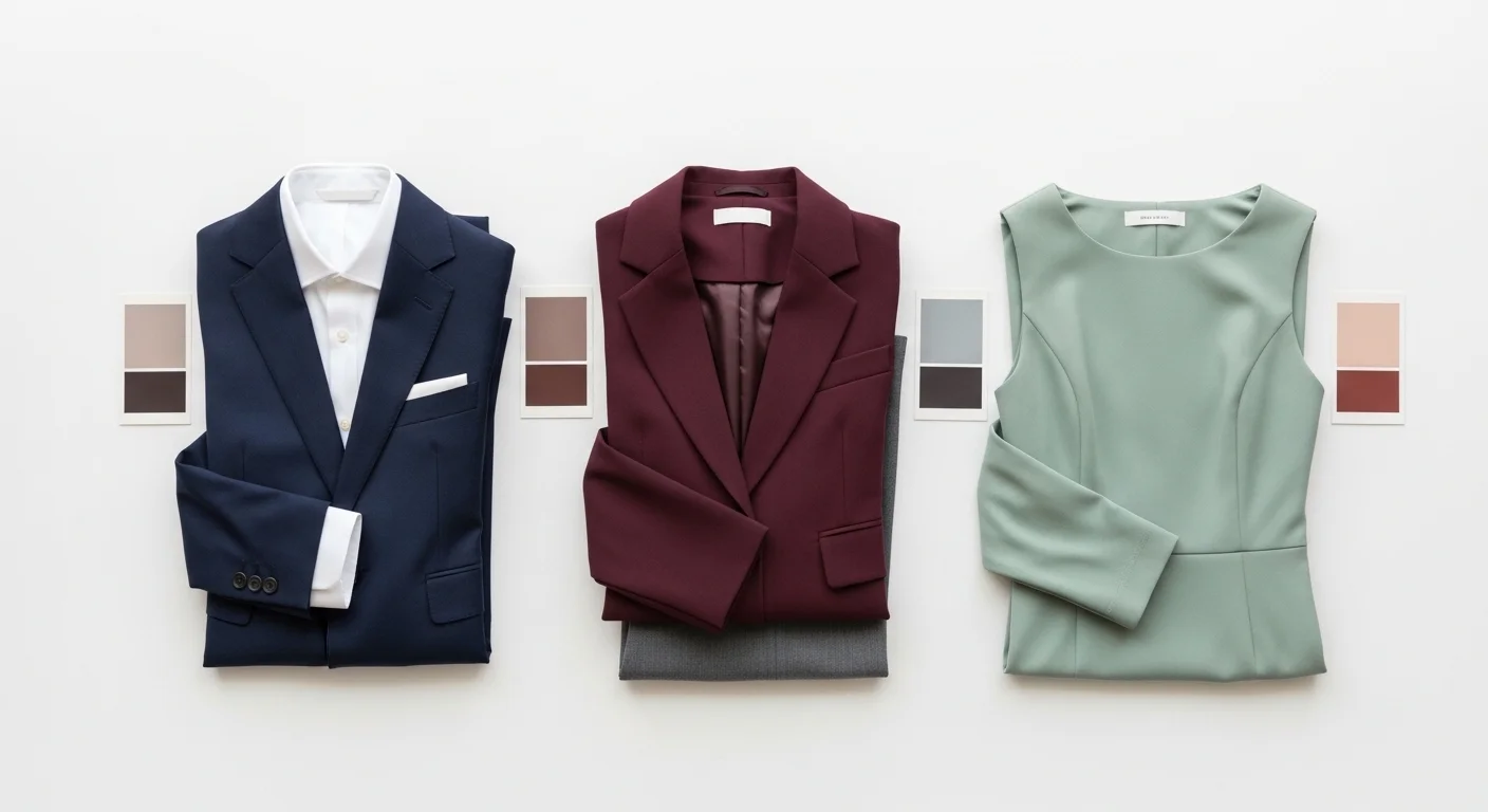 Three interview outfit colour combinations in navy burgundy and sage green showing the power of colour in professional dressing
