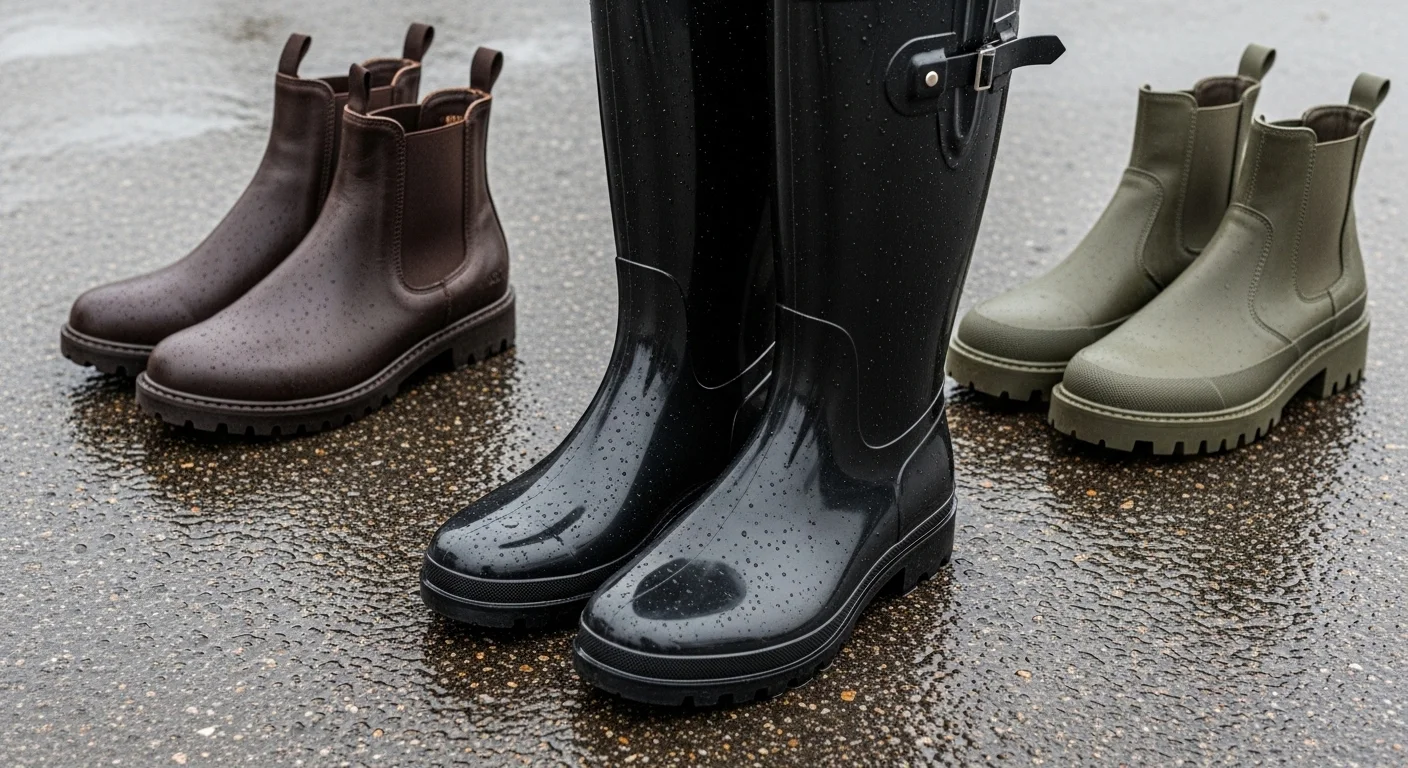 Three pairs of rainy day footwear including rubber rain boots, Chelsea boots, and lug sole ankle boots on wet pavement