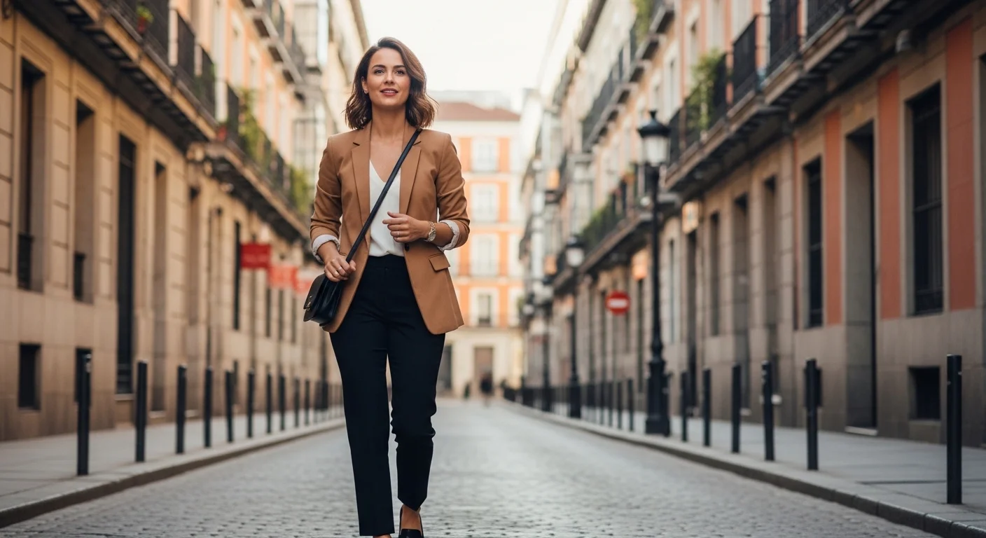  A well-dressed Spanish woman in a tailored blazer and fitted trousers walking through a cobblestone street in Madrid