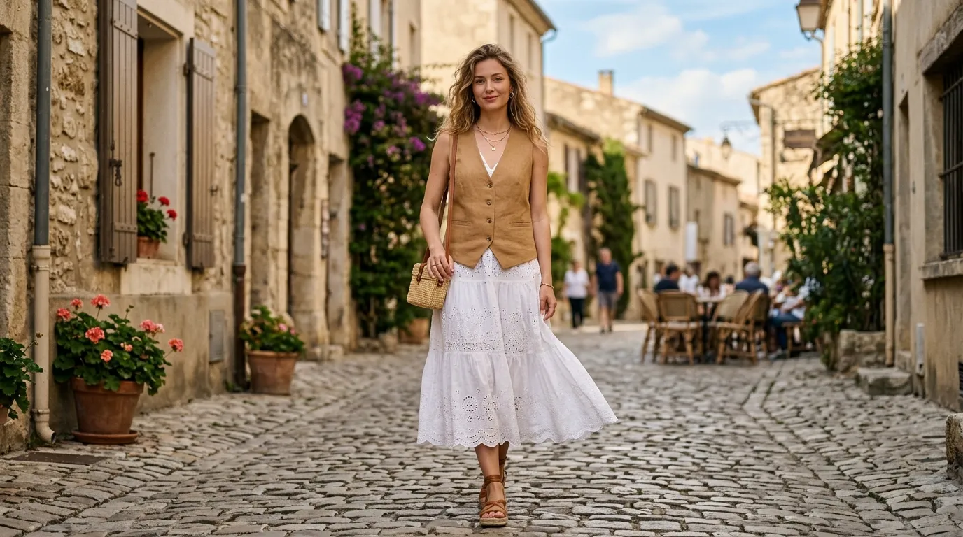 Vest Over a Flowy Midi Dress