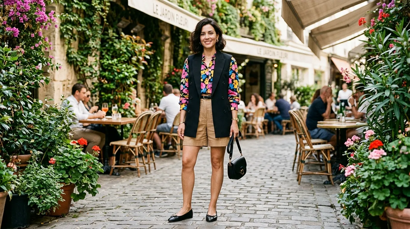 Vest Over a Printed Blouse