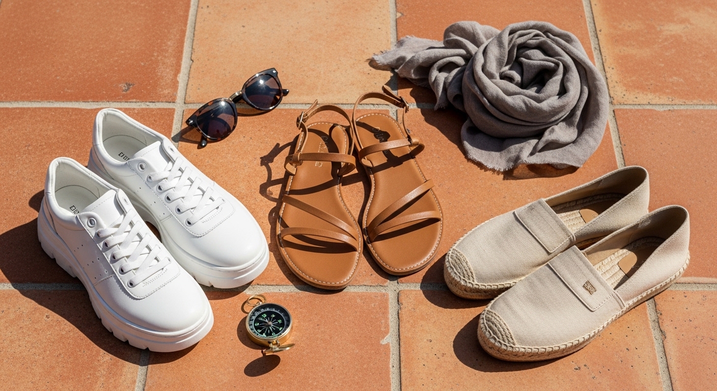 A flat lay of stylish Spain travel shoes including white leather sneakers leather sandals and espadrilles on a rustic surface