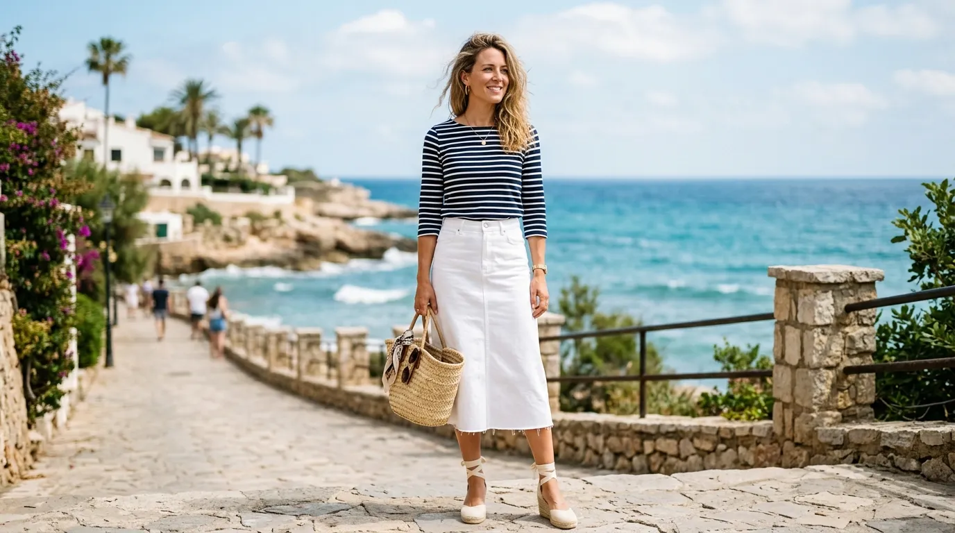 White Jean Skirt with a Striped Mariniere Top