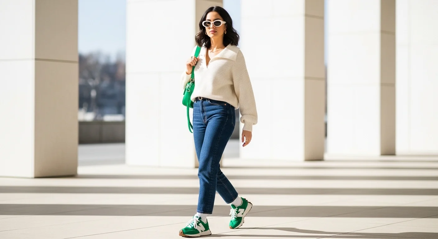 Woman in a bold color pop outfit with New Balance 327 sneakers in a bright outdoor street style look