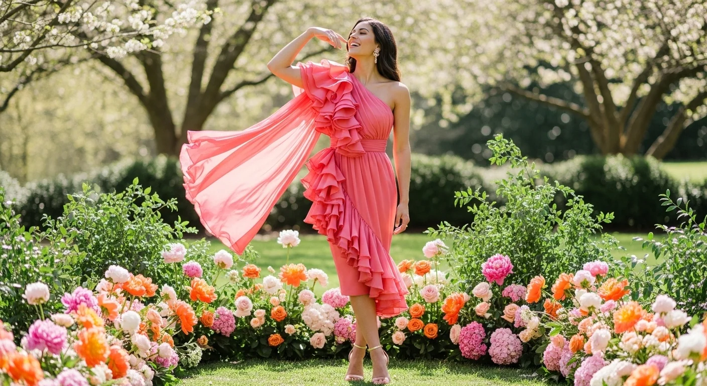 Woman in a bold ruffled one shoulder dress at a spring summer wedding