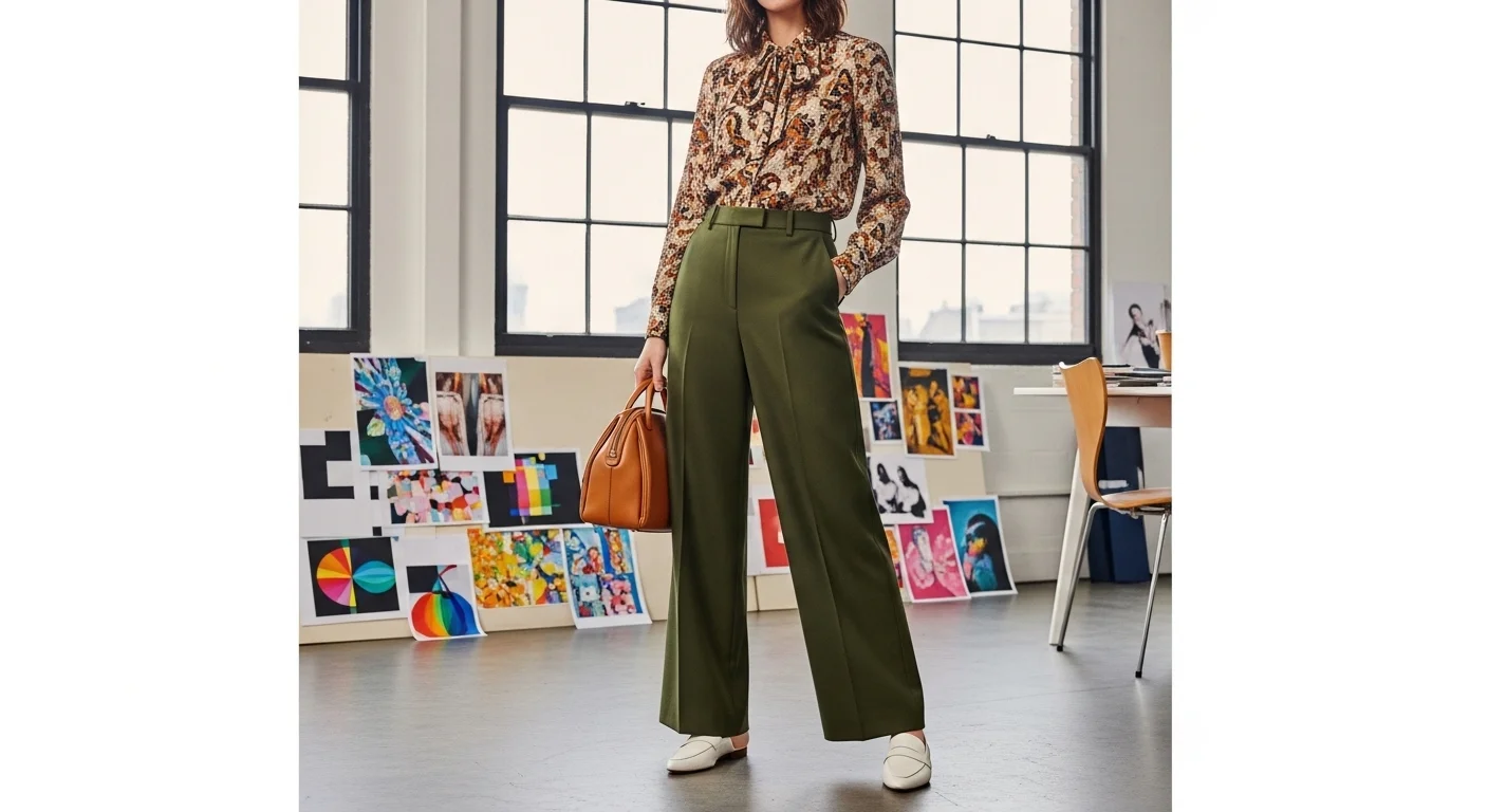 Woman in a creative industry interview outfit wearing printed blouse wide leg trousers and loafers in a creative studio