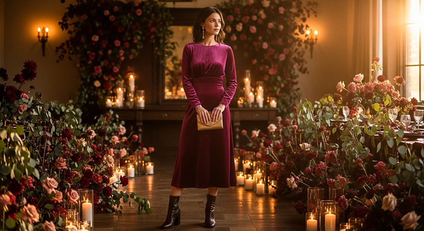 Woman in a deep plum velvet midi dress styled for an autumn winter wedding