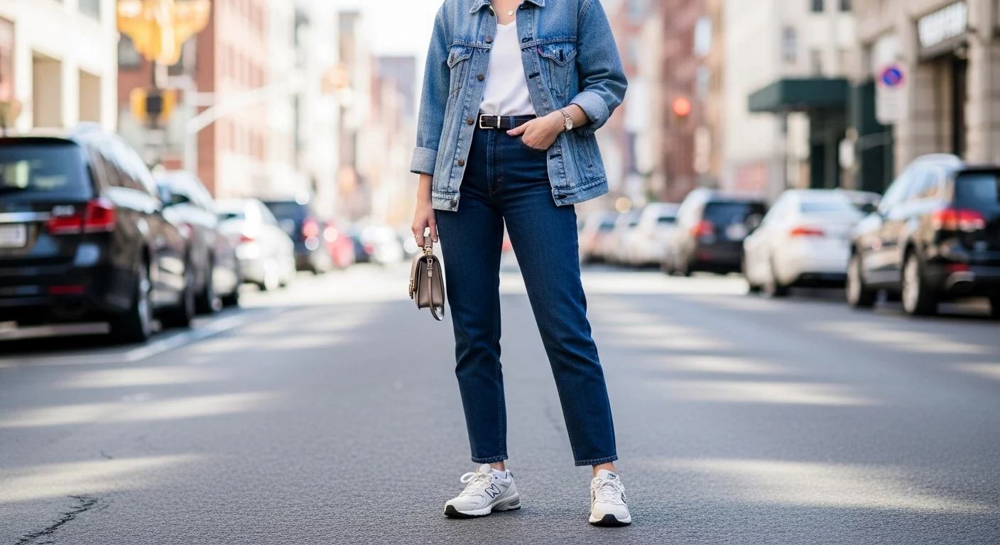 Woman in a double denim outfit wearing New Balance 530 sneakers on a bright city street