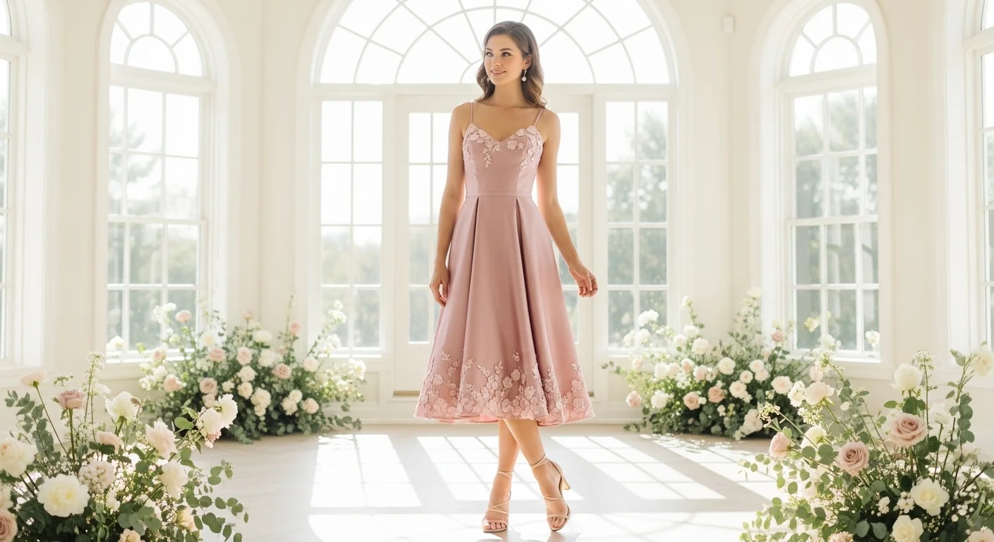 Woman in a dusty rose A line midi dress at a semi formal daytime wedding