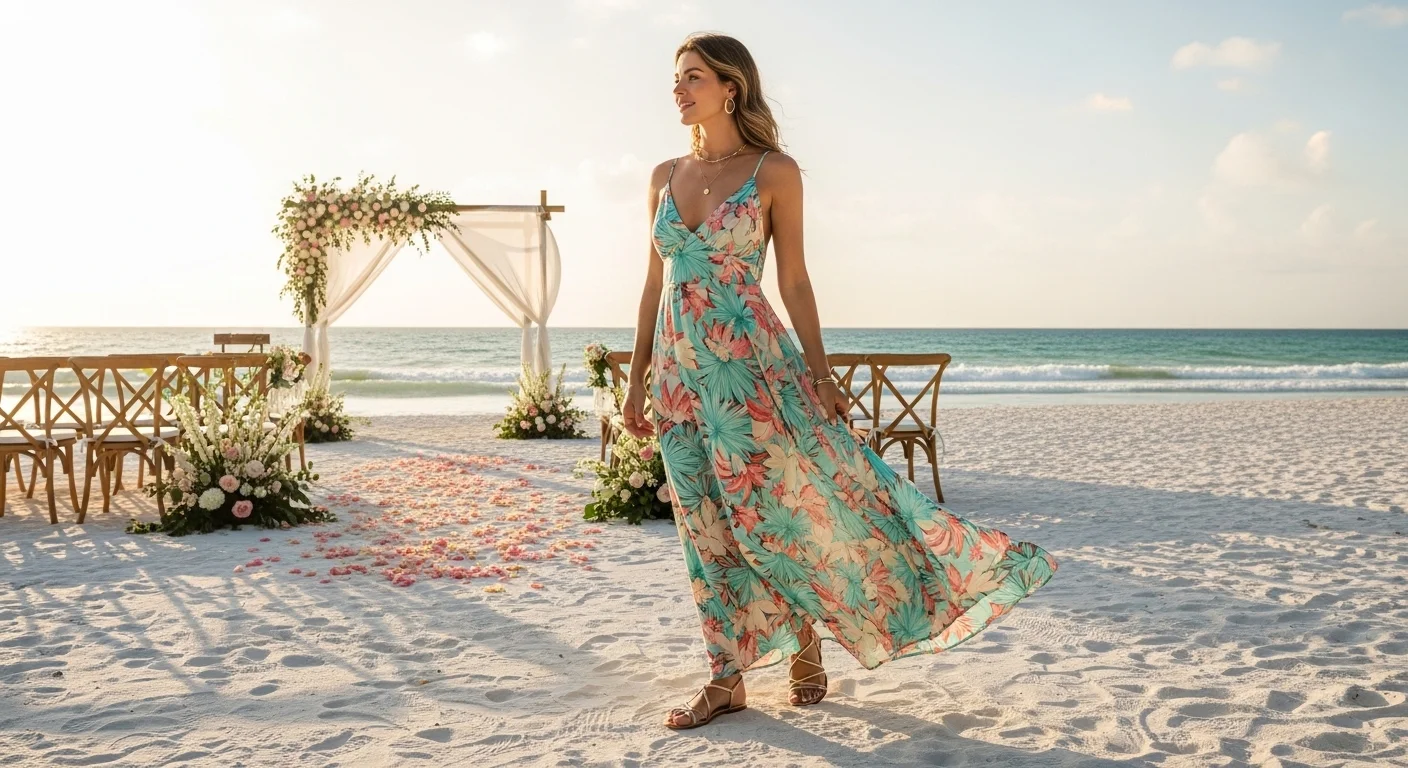 Woman in a flowing tropical maxi dress at a beach destination wedding