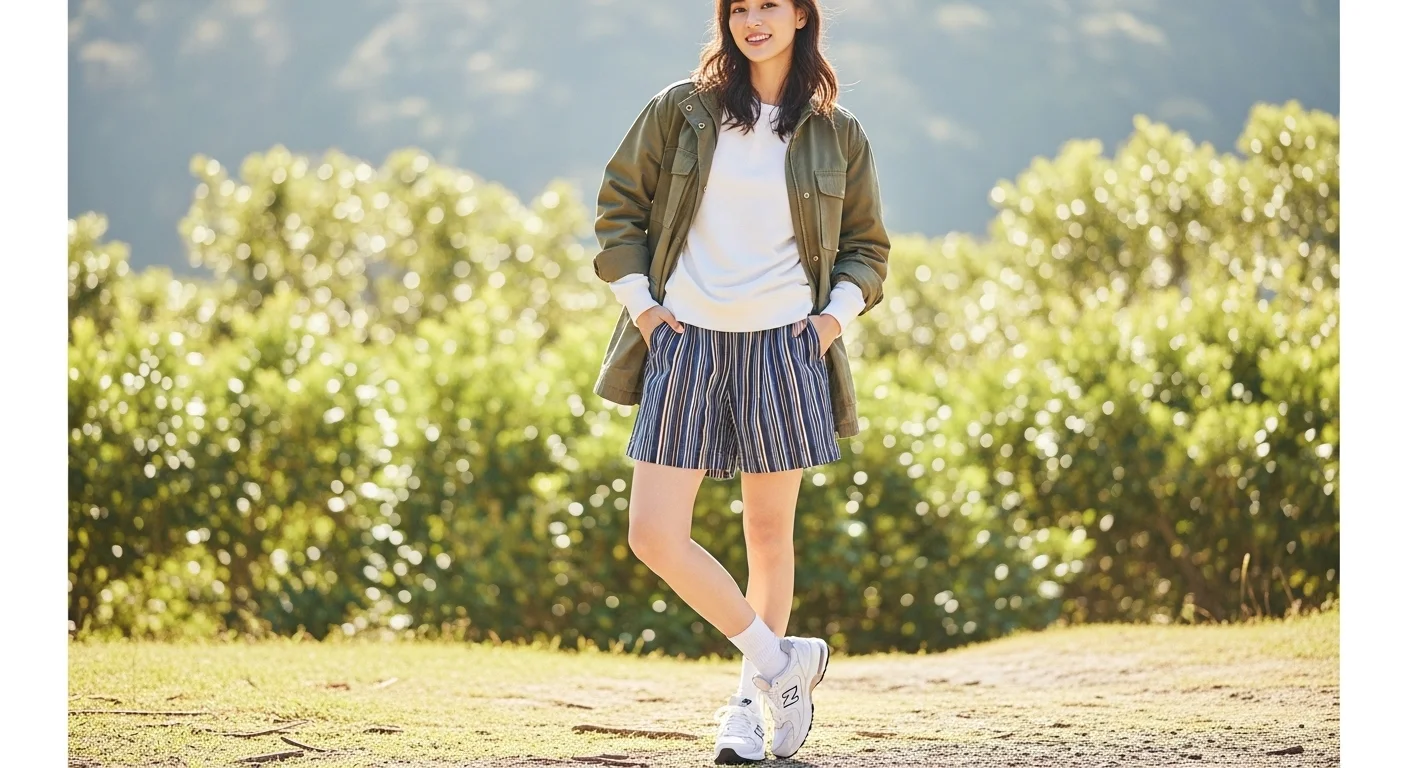 Woman in a khaki jacket striped shorts and New Balance 530 sneakers in a breezy outdoor travel outfit