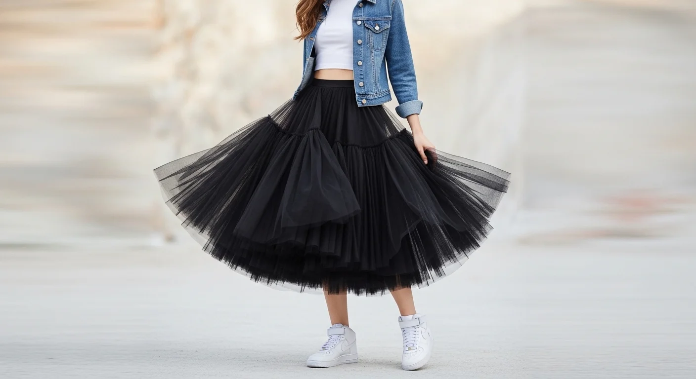 Woman in a layered black tulle skirt with a white crop top and white Nike high top sneakers a whimsical and fashionable sneaker ball outfit