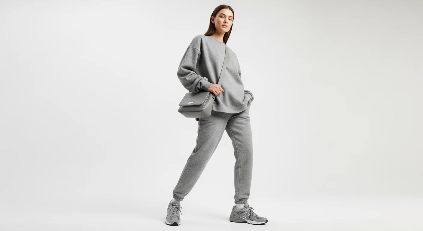 Woman in a monochromatic gray matching set wearing New Balance 9060 sneakers in a studio setting