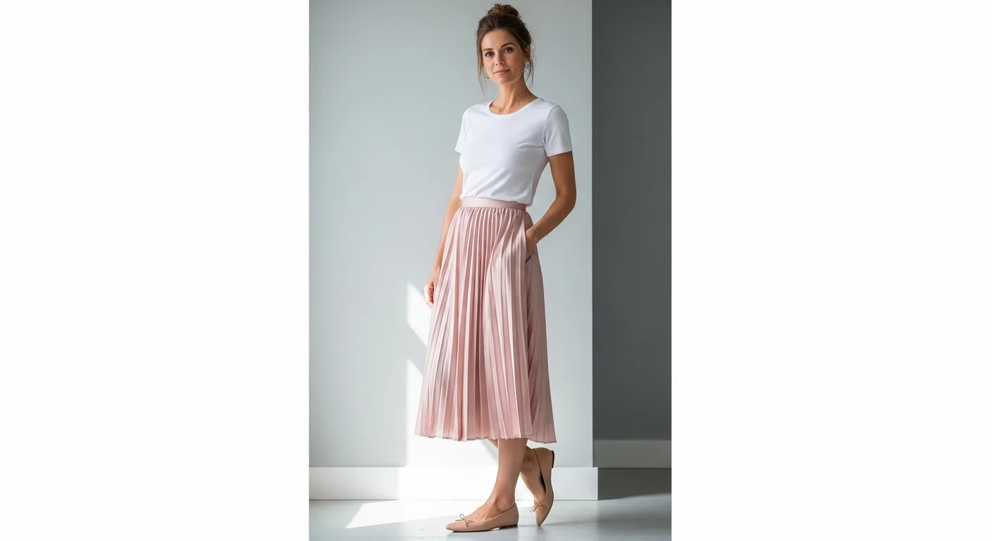 Woman in a pleated satin midi skirt and nude ballet flats styled with a white fitted tee