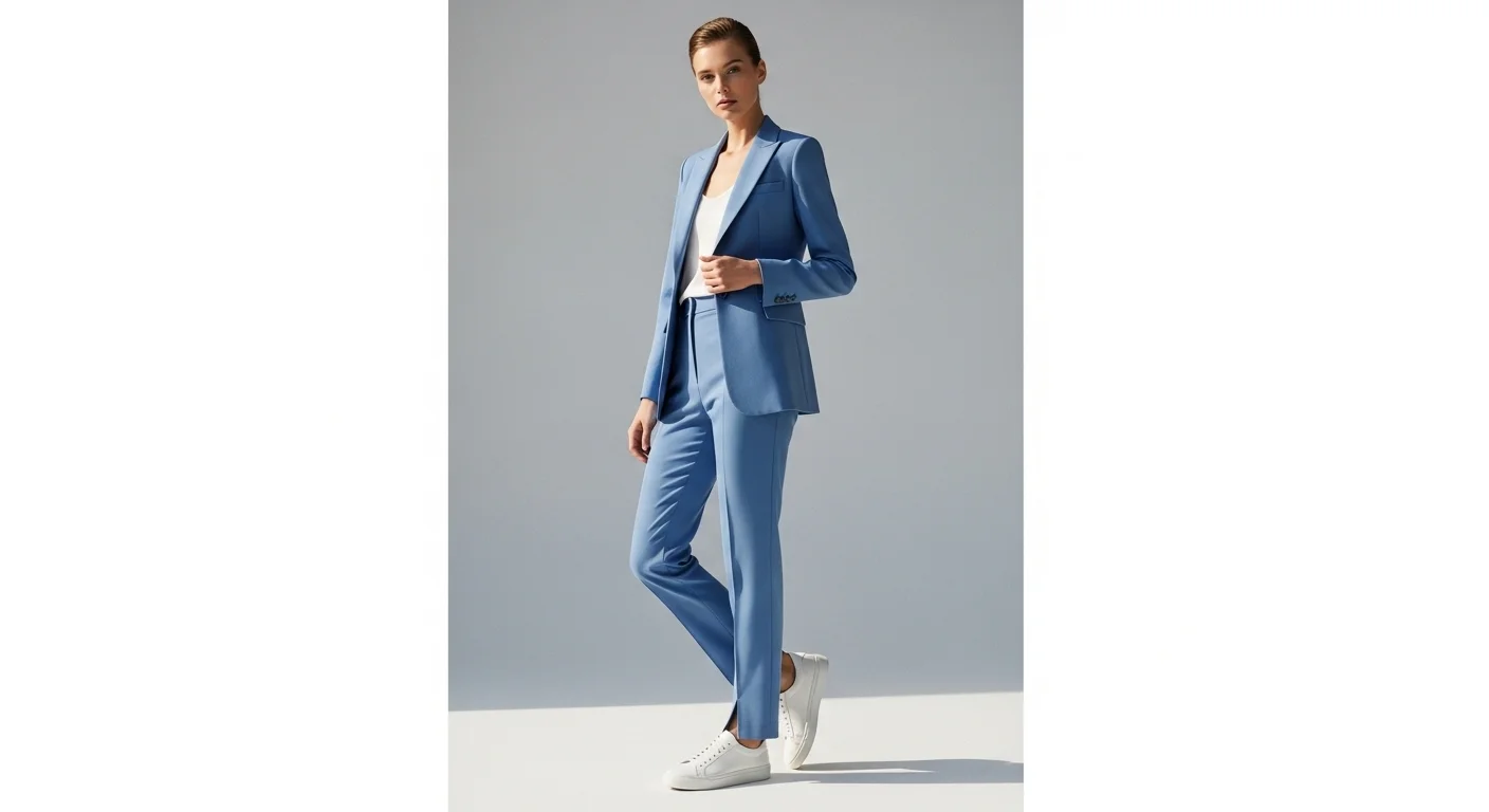 Woman in a powder blue blazer suit set paired with white low top sneakers a polished and trendy sneaker ball alternative outfit
