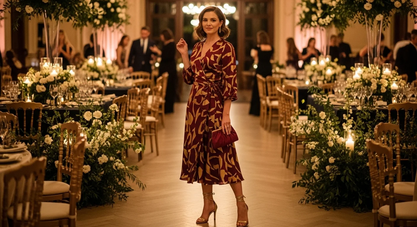 Woman in a printed wrap dress styled elegantly as a year round wedding guest outfit