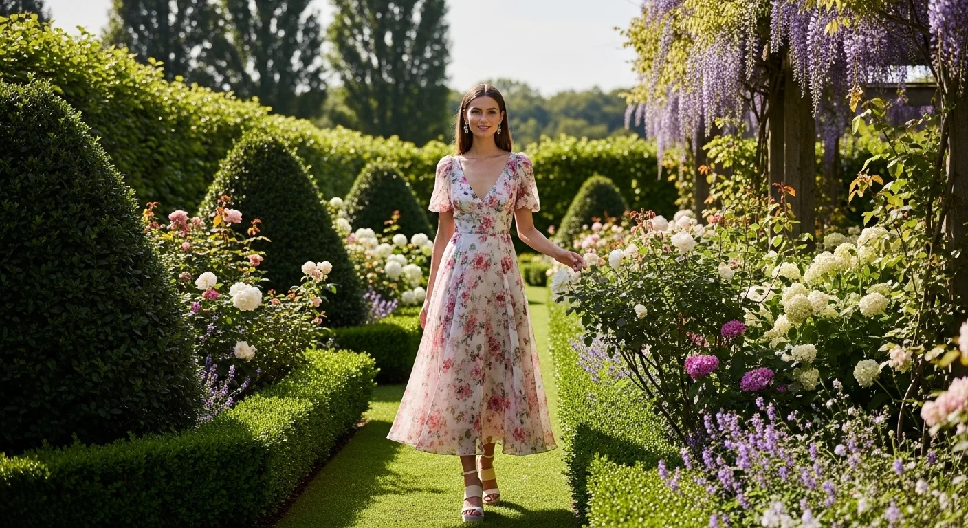 Woman in a romantic floral midi dress at an outdoor garden wedding