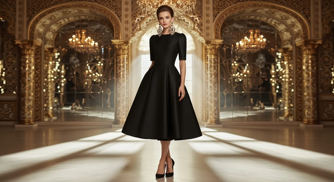 Woman in a timeless little black dress styled elegantly for a wedding