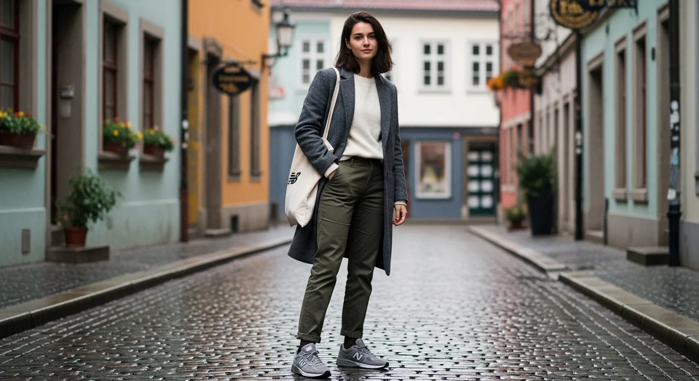 Woman in a travel ready layered outfit wearing New Balance 990 sneakers on a European cobblestone street