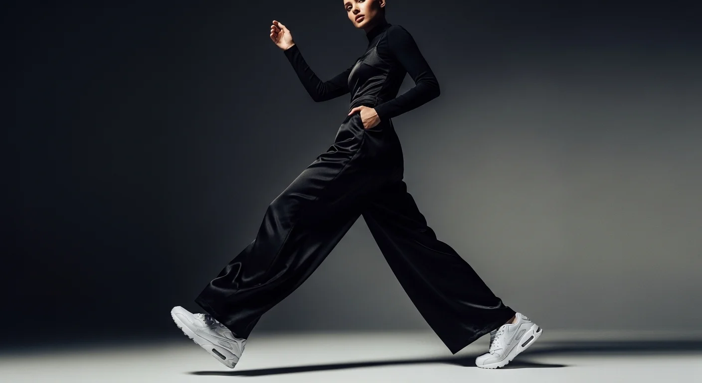 Woman in a wide leg black satin jumpsuit paired with chunky white Nike Air Max sneakers a contemporary and stylish sneaker ball outfit (1)