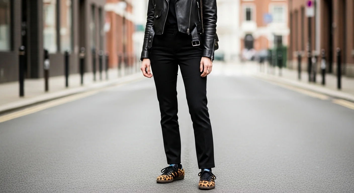 Woman in all black outfit with cheetah print Adidas Samba sneakers as the bold focal point on an urban street