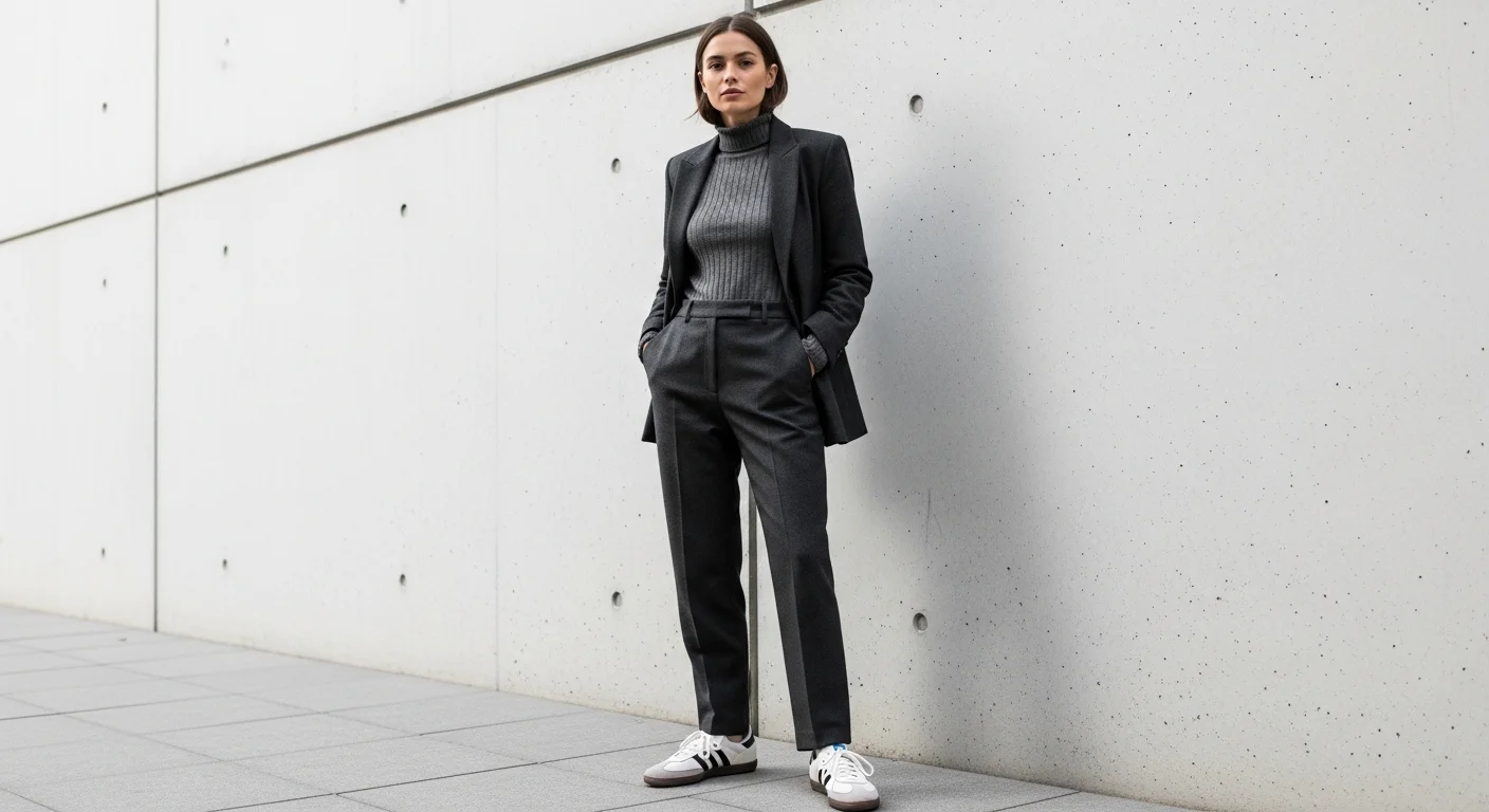 Woman in all charcoal monochromatic outfit with blazer, turtleneck, tailored trousers, and neutral Adidas Samba sneakers against a concrete wall
