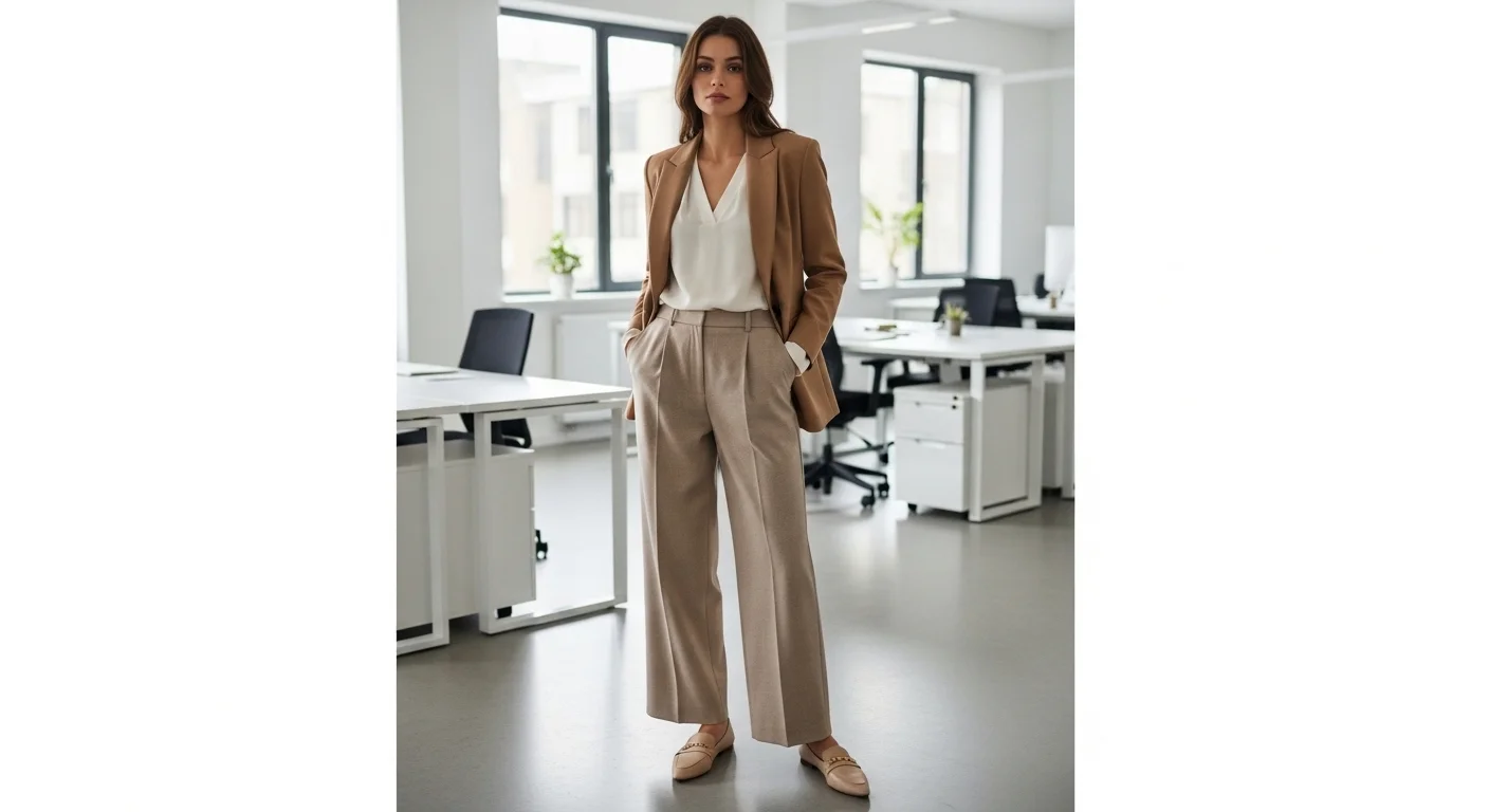 Woman in business casual attire wearing tailored trousers blazer and blouse for a corporate office interview