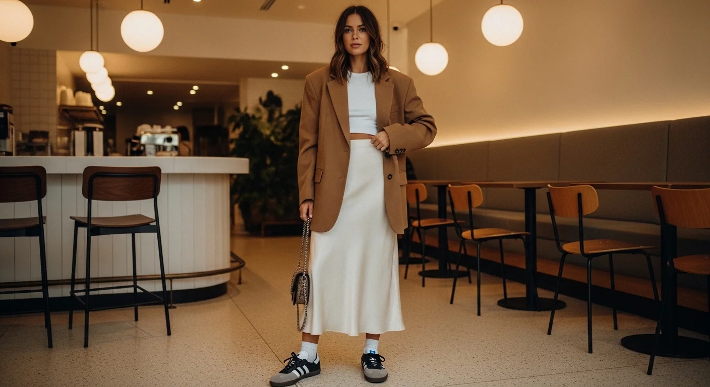 Woman in camel blazer, ivory satin midi skirt, and black and white Adidas Samba sneakers standing inside a modern café