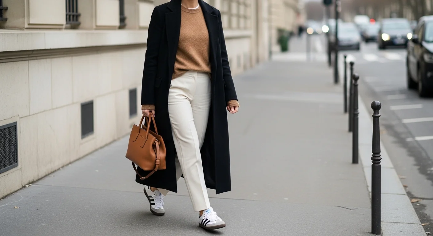 Woman in camel cashmere sweater, cream trousers, black wool overcoat, and white Adidas Samba sneakers walking on a Parisian sidewalk