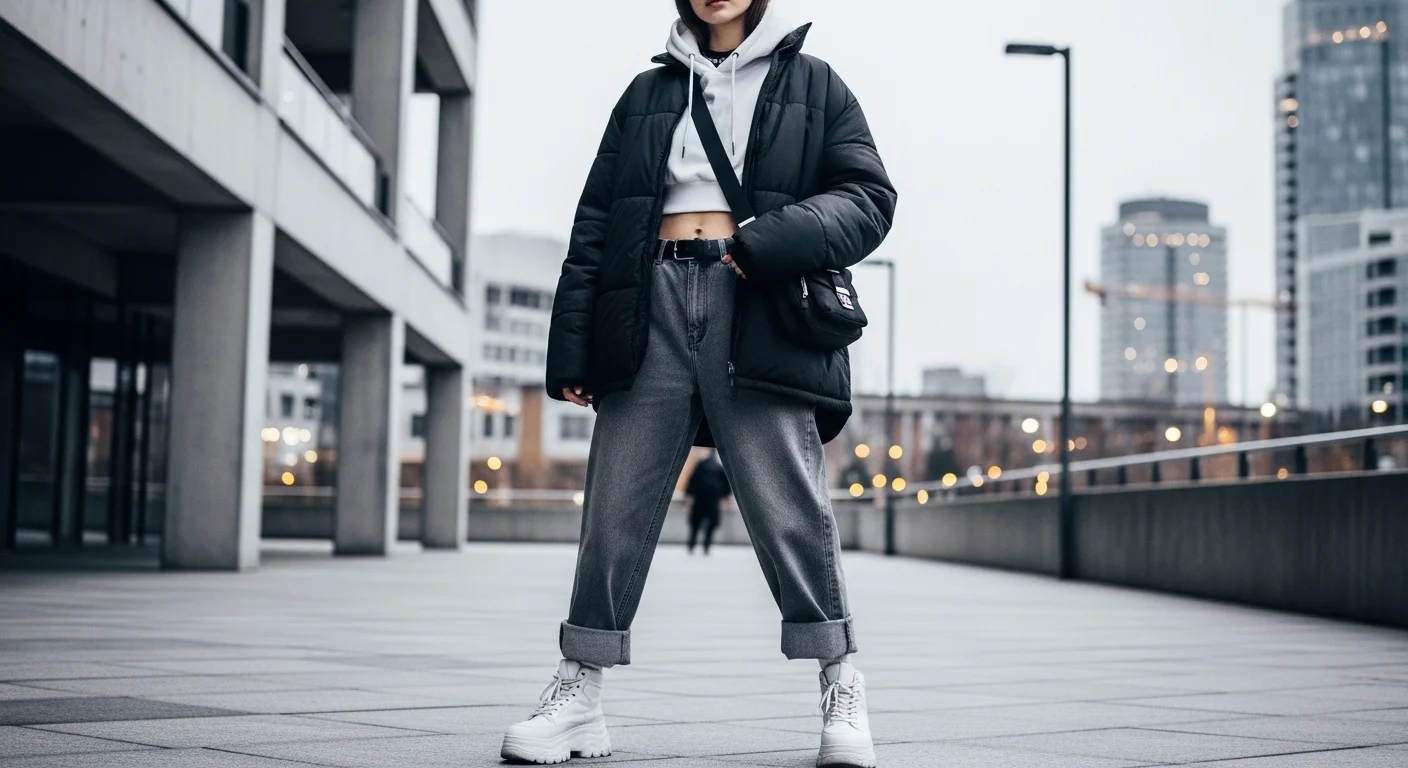 Woman in grey baggy jeans with an oversized puffer jacket and chunky sneakers for a streetwear ready layered outfit