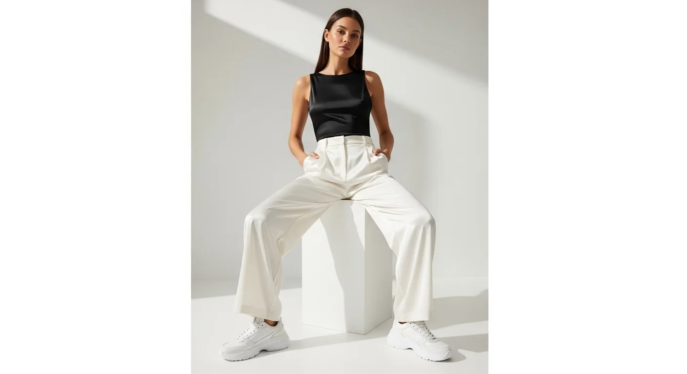 Woman in ivory satin wide leg trousers with a black silk bodysuit and white chunky sneakers a polished athleisure inspired sneaker ball outfit